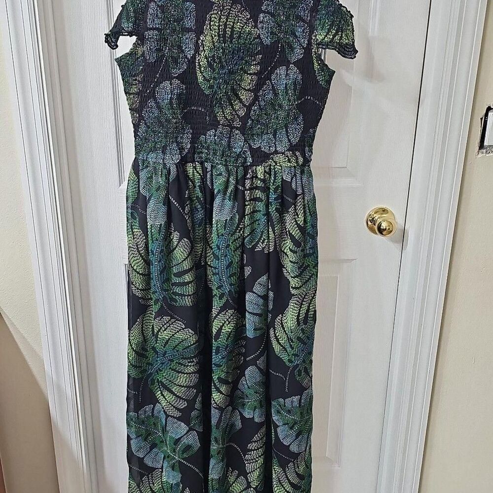 Place Smocked Tropical Monstera Leaf Maxi Dress, Resort, Hawaiian Size L 12/14